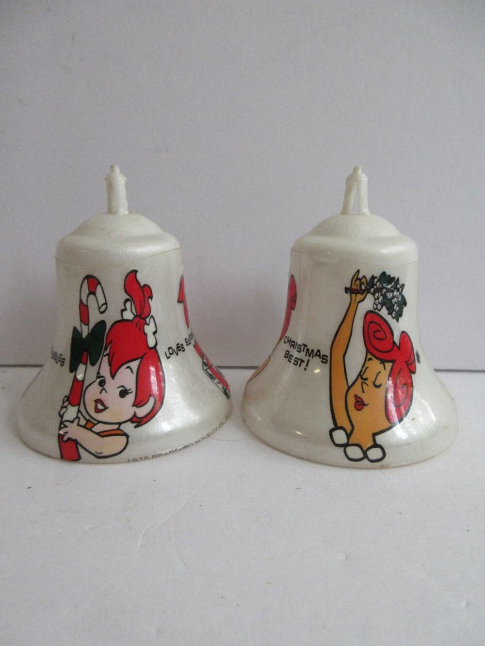 2 Flintstones Bradford Bell Plastic Unbreakable Christmas Ornaments Vtg 1976
